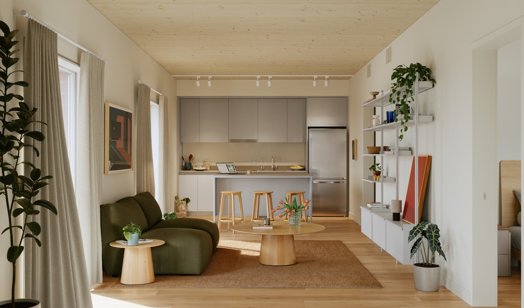 a living room with a couch and a table