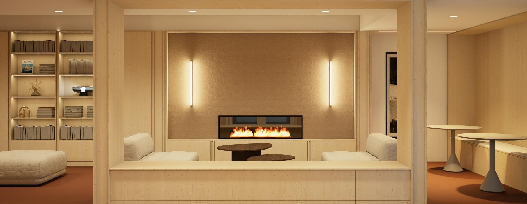 a living room with a fireplace