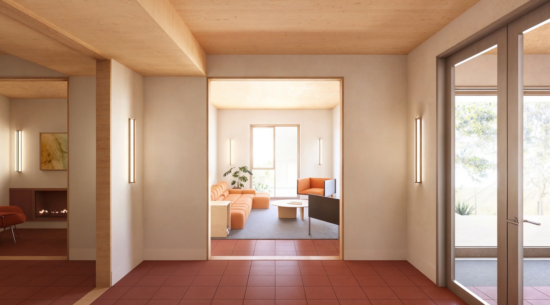 walkway with living room seating and windows