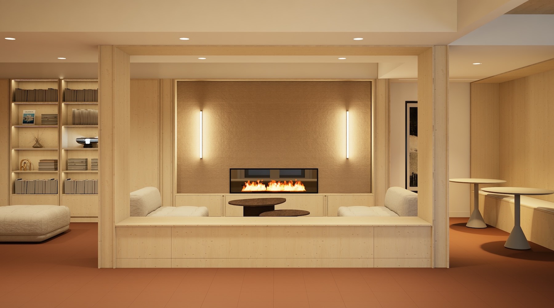 lounge with seating and a fireplace