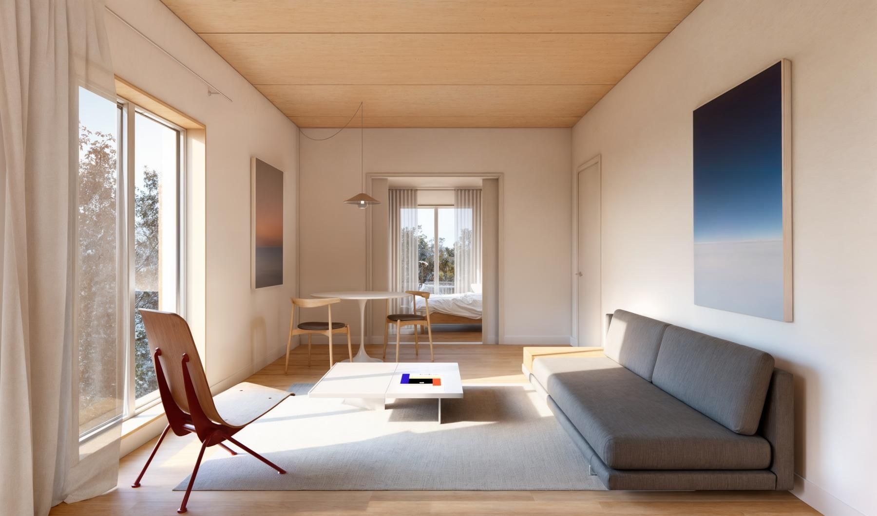 a living room with a couch and a table